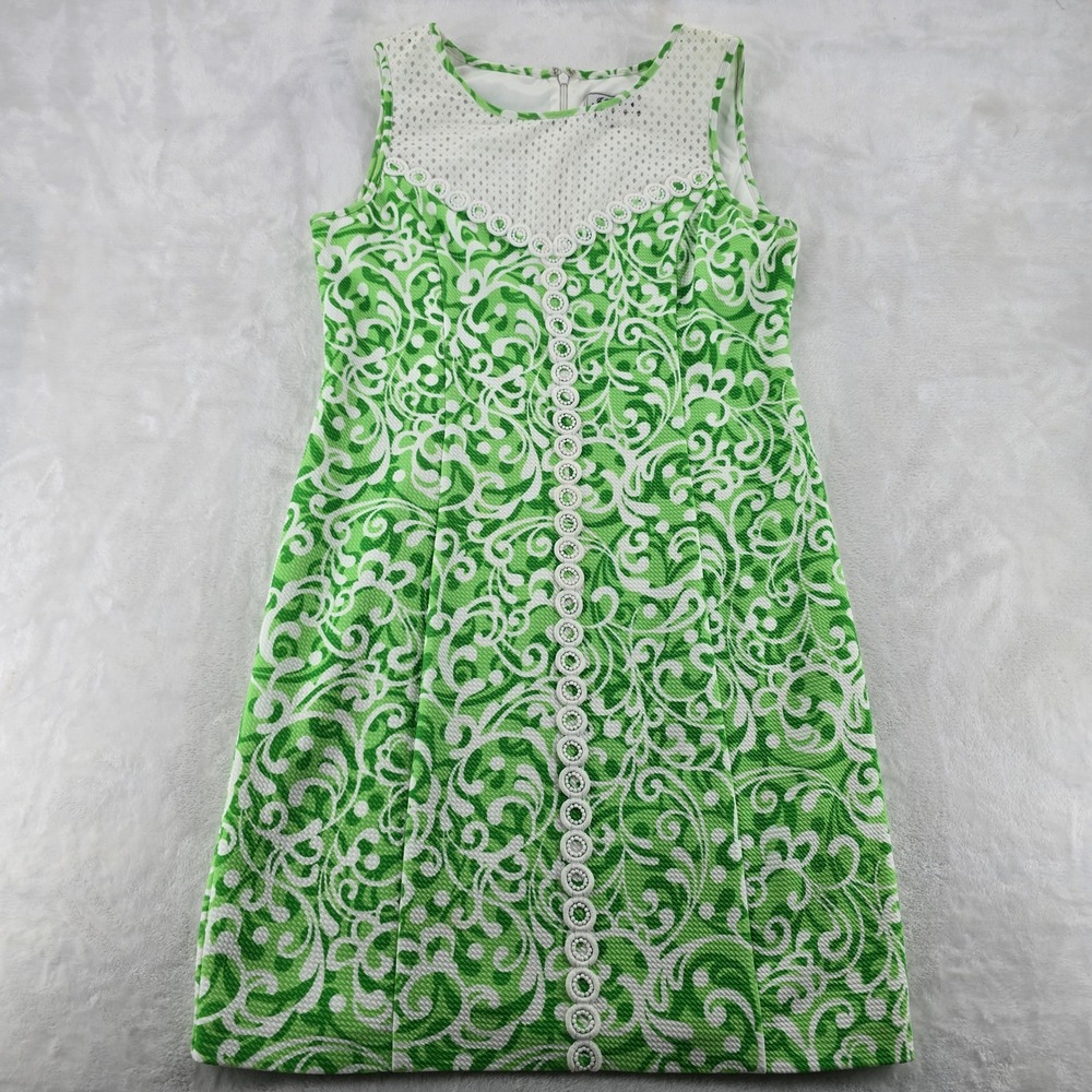 J Howard Shift Dress Womens 12 Sleeveless Green White Scroll Lace Yoke